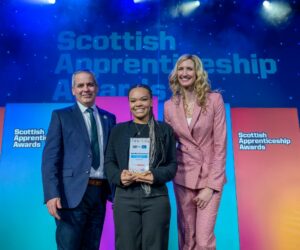 Paul Feely, Academy and Engineering Director from Foundation Apprentice of the Year category sponsor BAE Systems, presented Jenni with her award, alongside host Joy Dunlop.